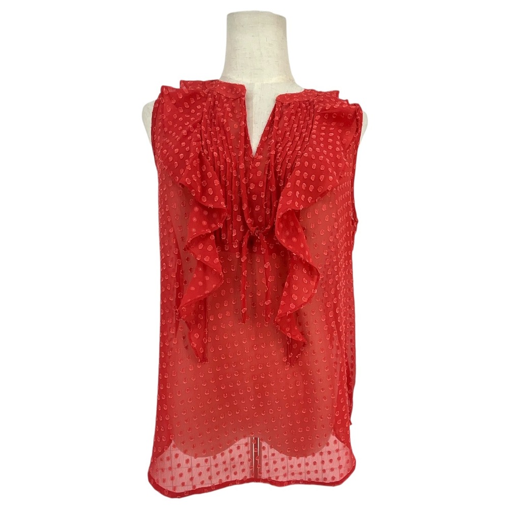 Loft Red Clip Dot Ruffle Front Sleeveless Blouse Womens Small Pleated Tie Neck